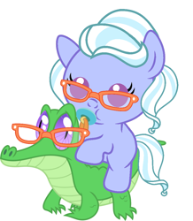 Size: 886x1017 | Tagged: safe, artist:red4567, imported from derpibooru, gummy, sugarcoat, pony, equestria girls, friendship games, baby, baby pony, cute, equestria girls ponified, glasses, pacifier, ponies riding gators, ponified, recolor, riding, sugar coat riding gummy, sugarcute