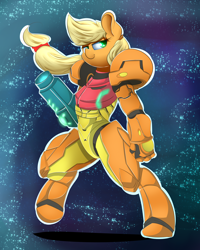 Size: 3000x3750 | Tagged: safe, artist:madacon, imported from derpibooru, applejack, anthro, unguligrade anthro, applesamus, armor, bipedal, crossover, female, metroid, metroid prime, nintendo, samus aran, solo