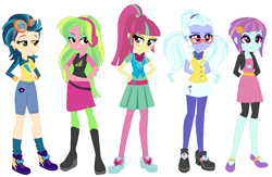 Size: 960x626 | Tagged: safe, artist:funzonegallery12, imported from derpibooru, indigo zap, lemon zest, sour sweet, sugarcoat, sunny flare, equestria girls, alternate clothes, alternate costumes, shadow five