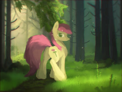 Size: 2430x1823 | Tagged: safe, artist:fuzzyfox11, imported from derpibooru, roseluck, earth pony, butt, female, fluffy, forest, looking at you, looking back, mare, plot, solo