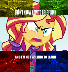 Size: 365x390 | Tagged: safe, edit, edited screencap, imported from derpibooru, screencap, sunset shimmer, equestria girls, friendship games, caption, conker's bad fur day, exploitable meme, image macro, meme, sunset is not willing to learn, the great mighty poo