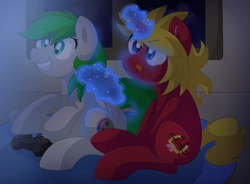 Size: 1338x984 | Tagged: safe, artist:pearlyiridescence, imported from derpibooru, oc, oc only, pegasus, pony, unicorn, controller, grin, gritted teeth, magic, night, sitting, tongue out, video game