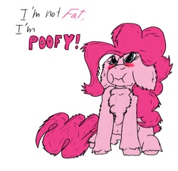 Size: 912x875 | Tagged: safe, artist:firefanatic, imported from derpibooru, pinkie pie, :i, angry, belly, blushing, chest fluff, chubby, cute, floppy ears, fluffy, gabriel iglesias, glare, impossibly large chest fluff, looking up, poofy, puffy cheeks, scrunchy face, simple background, unshorn fetlocks, wavy mouth, white background