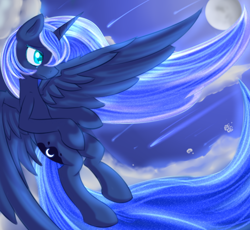 Size: 1024x941 | Tagged: safe, artist:dusthiel, imported from derpibooru, princess luna, cloud, female, flying, moon, night, solo