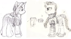 Size: 1447x808 | Tagged: safe, artist:wisdom-thumbs, imported from derpibooru, oc, oc only, oc:tilter gallant, pony, unicorn, armor, clothes, dress, fantasy class, female, knight, mare, monochrome, pencil drawing, sketch, swordpony, traditional art, warrior