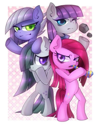 Size: 600x758 | Tagged: safe, artist:setoya, imported from derpibooru, limestone pie, marble pie, maud pie, pinkie pie, party horn, pie sisters, pinkamena diane pie, pixiv, rock