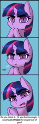 Size: 1800x5700 | Tagged: dead source, safe, artist:captainpudgemuffin, imported from derpibooru, twilight sparkle, pony, unicorn, comic, dialogue, eyebrows, female, looking at you, mare, offscreen character, open mouth, solo, twilight is not amused, twilight sparkle is not amused