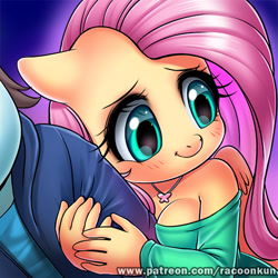 Size: 500x500 | Tagged: safe, artist:racoonsan, imported from derpibooru, fluttershy, oc, oc:anon, anthro, anon pony, blushing, breasts, busty fluttershy, clothes, female, hug, off shoulder, offscreen character, patreon, shoulderless, smiling