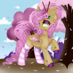 Size: 1600x1600 | Tagged: safe, artist:pvrii, artist:silent-shadow-wolf, imported from derpibooru, oc, oc only, bat pony, pony, cherry blossoms, clothes, socks, solo, striped socks