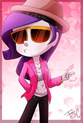 Size: 1024x1515 | Tagged: safe, artist:fj-c, imported from derpibooru, rarity, equestria girls, blushing, bruno mars, clothes, female, hat, solo, sparkles, sunglasses