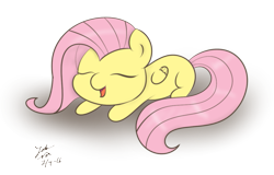 Size: 1093x700 | Tagged: safe, artist:noxdrachen, imported from derpibooru, fluttershy, chibi, cute, daaaaaaaaaaaw, eyes closed, female, missing cutie mark, prone, shyabetes, solo, weapons-grade cute