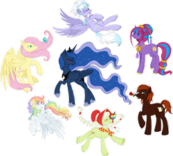 Size: 1024x927 | Tagged: safe, artist:tinuleaf, imported from derpibooru, cloudchaser, fluttershy, granny smith, princess luna, oc, oc:black velvet, oc:bonne fortune, oc:white whirl, butterfly, apple, blushing, eyes closed, flower, food, offspring, parent:rainbow dash, parent:soarin', parents:soarindash, rose, young granny smith, zap apple