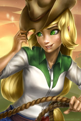 Size: 800x1200 | Tagged: safe, artist:imdrunkontea, imported from derpibooru, applejack, equestria girls, clothes, cowboy hat, denim skirt, featured image, female, freckles, hat, hat tip, no pupils, rope, sexy, signature, skirt, smiling, solo, starry sky, stars, stetson, sunset