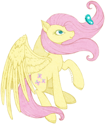 Size: 680x800 | Tagged: safe, artist:tinuleaf, imported from derpibooru, fluttershy, butterfly, female, looking at something, looking up, raised hoof, simple background, sitting, solo, spread wings, transparent background