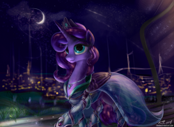 Size: 1200x877 | Tagged: safe, artist:eriadu, imported from derpibooru, princess luna, alicorn, pony, alternate hairstyle, city, clothes, dress, female, necklace, night, smiling, solo, stars