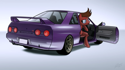 Size: 1920x1080 | Tagged: safe, artist:dori-to, imported from derpibooru, oc, oc only, oc:mach, pegasus, pony, anatomically incorrect, car, commission, incorrect leg anatomy, nissan, nissan skyline, skyline r32