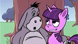 Size: 1366x768 | Tagged: safe, imported from derpibooru, twilight sparkle, :o, adjustment burro, bedroom eyes, eeyore, grass, mad (tv series), mad magazine, out of context, rapeface, tree