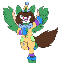 Size: 712x760 | Tagged: safe, artist:fairyfilly, imported from derpibooru, oc, oc only, oc:frost d. tart, alicorn, pony, alicorn oc, bipedal, clown, clown makeup, eyes closed, male, smiling, solo, stallion