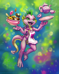 Size: 1200x1500 | Tagged: safe, artist:kp-shadowsquirrel, imported from derpibooru, spike, armpits, barb, bread, dessert, donut, female, food, open mouth, rule 63, solo, tea