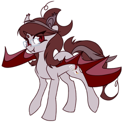 Size: 709x702 | Tagged: safe, artist:neekotz, imported from derpibooru, oc, oc only, oc:scarlet quill, bat pony, pony, fangs, glasses, hair bun, solo, spread wings