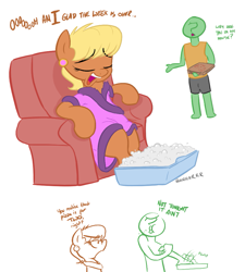 Size: 837x929 | Tagged: safe, artist:shoutingisfun, imported from derpibooru, ms. harshwhinny, oc, oc:anon, earth pony, human, pony, anon's couch, bubble, clothes, dialogue, ear piercing, eyes closed, female, food, human male, male, mare, open mouth, piercing, pizza, simple background, white background