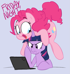 Size: 575x612 | Tagged: safe, artist:shoutingisfun, imported from derpibooru, pinkie pie, twilight sparkle, earth pony, pony, unicorn, angry, computer, dialogue, female, friday night, laptop computer, mare, open mouth, twilight is not amused, twilight sparkle is not amused, unamused