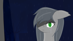 Size: 1920x1080 | Tagged: safe, artist:eclipsepenumbra, imported from derpibooru, oc, oc only, oc:eclipse penumbra, bat pony, pony, crying, dark, green eyes, night, rain, sad, streetlight