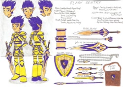 Size: 1024x723 | Tagged: safe, artist:metaldudepl666, imported from derpibooru, flash sentry, elf, equestria girls, amalur, armor, bag, elf ears, fantasy class, hammer, humanized, kingdoms of amalur, knight, male, reference sheet, shield, solo, spear, species swap, sword, traditional art, war hammer, warrior, weapon