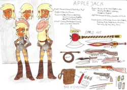 Size: 1024x725 | Tagged: safe, artist:metaldudepl666, imported from derpibooru, applejack, equestria girls, amalur, armor, fantasy class, female, humanized, kingdoms of amalur, knight, reference sheet, solo, traditional art, warrior, weapon