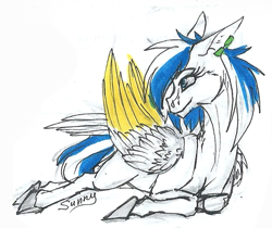 Size: 531x445 | Tagged: safe, artist:sunny way, imported from derpibooru, oc, oc only, oc:sunny flower, horse, pegasus, pony, colored, feather, female, rcf community, sketch, solo, traditional art, wings
