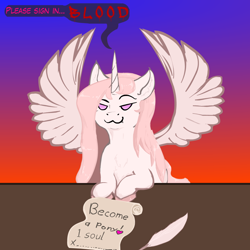 Size: 1100x1100 | Tagged: safe, artist:pony_prints<3, imported from derpibooru, princess celestia, alicorn, pony, princess molestia, blood, contract, fangs, female, pink hair, pink-mane celestia, solo