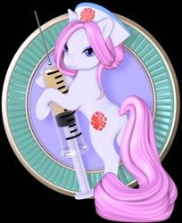 Size: 800x979 | Tagged: safe, artist:ladylittlefox, imported from derpibooru, nurse redheart, earth pony, pony, 3d, bipedal, black background, butt, eyeshadow, female, giant syringe, hoof hold, leaning, lidded eyes, long tail, looking at you, looking back, makeup, mare, plot, simple background, solo, syringe