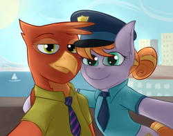 Size: 2855x2250 | Tagged: safe, artist:marsminer, imported from derpibooru, copper top, griffon, the gift of the maud pie, bipedal, crossover, disney, griffonized, looking at you, nick wilde, policemare, selfie, species swap, wholesome, zootopia