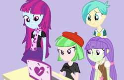 Size: 1024x660 | Tagged: safe, artist:kesosofi, imported from derpibooru, drama letter, mystery mint, starlight, starshine, tennis match, watermelody, equestria girls, background human