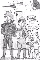 Size: 2615x3918 | Tagged: safe, artist:php71, deleted from derpibooru, imported from derpibooru, rainbow dash, soarin', equestria girls, boots, crossover, dark trooper, female, galactic empire, grayscale, in love, kiss mark, male, monochrome, rubber boots, shipping, shoes, soarindash, star destroyer, star wars, star wars battlefront, stormtrooper, straight