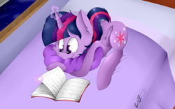 Size: 3655x2287 | Tagged: safe, artist:befishproductions, imported from derpibooru, twilight sparkle, alicorn, pony, bed, book, female, magic, mare, reading, signature, solo, telekinesis, twilight sparkle (alicorn)