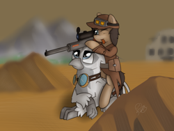 Size: 4000x3000 | Tagged: safe, artist:thebluburb, imported from derpibooru, oc, oc only, oc:cogs fixmore, oc:silvia the gryphon, griffon, fallout equestria, goggles, gun, rifle, weapon