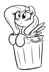 Size: 337x489 | Tagged: safe, artist:shoutingisfun, imported from derpibooru, fluttershy, pegasus, pony, :<, crying, female, frown, leaning, looking up, mare, monochrome, sad, solo, spread wings, trash can, wings, your waifu is trash