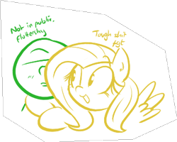 Size: 362x289 | Tagged: safe, artist:shoutingisfun, imported from derpibooru, fluttershy, oc, oc:anon, hug, monochrome, vulgar