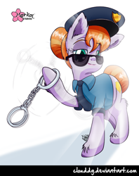 Size: 634x800 | Tagged: safe, artist:clouddg, imported from derpibooru, copper top, earth pony, pony, the gift of the maud pie, cap, clothes, cuffs, female, hat, manehattan, necktie, police officer, police uniform, raised hoof, signature, solo, sunglasses, uniform