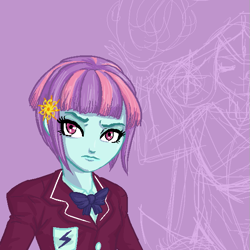 Size: 561x560 | Tagged: safe, artist:kul, imported from derpibooru, sunny flare, equestria girls, alternate universe, clothes, crystal prep academy uniform, female, hairpin, persona, school uniform, scowl, simple background, sketch, solo, style emulation