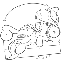 Size: 576x579 | Tagged: safe, artist:shoutingisfun, imported from derpibooru, flitter, bow, couch, dutch angle, eating, female, food, furniture, hair bow, lazy, lineart, looking at you, love seat, monochrome, popcorn, reclining, solo