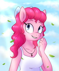 Size: 900x1087 | Tagged: safe, artist:saber-panda, imported from derpibooru, pinkie pie, oc, oc only, oc:co, anthro, alternate hairstyle, beautiful, bust, clothes, cute, diapinkes, female, hair bow, leaves, necklace, solo, tanktop