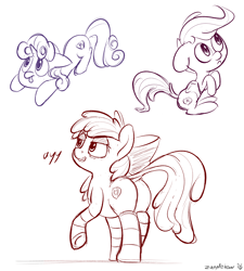 Size: 3010x3339 | Tagged: safe, artist:zapplebow, imported from derpibooru, apple bloom, scootaloo, sweetie belle, earth pony, pegasus, pony, unicorn, :p, butt, clothes, cutie mark, cutie mark crusaders, female, filly, foal, plot, sketch, socks, striped socks, the cmc's cutie marks, tongue out