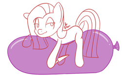 Size: 1258x784 | Tagged: safe, artist:ponballoon, imported from derpibooru, pinkie pie, balloon, balloon riding, balloon sitting, bedroom eyes, knife, missing cutie mark, pinkamena diane pie, relaxing, solo