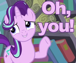 Size: 720x600 | Tagged: safe, imported from derpibooru, screencap, starlight glimmer, pony, unicorn, the crystalling, book, caption, female, image macro, looking away, mare, meme, oh you, raised hoof, reaction image, scroll, solo