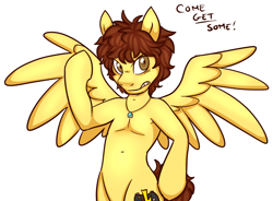 Size: 1072x790 | Tagged: safe, artist:deyogee, imported from derpibooru, pony, semi-anthro, achievement hunter, dialogue, freckles, michael jones, partial nudity, ponified, rooster teeth, solo, text