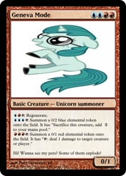 Size: 400x560 | Tagged: safe, imported from derpibooru, oc, oc only, oc:geneva, pony, unicorn, pony creator, female, filly, happy, horror, irrational exuberance, magic the gathering, smiling