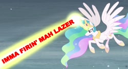 Size: 850x460 | Tagged: safe, imported from derpibooru, screencap, princess celestia, the crystalling, female, flying, image macro, imma firin mah lazah, magic, magic blast, meme, shoop da whoop, solo, spread wings