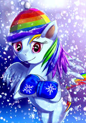 Size: 422x598 | Tagged: safe, artist:passer-in-the-storm, derpibooru exclusive, imported from derpibooru, rainbow dash, beanie, clothes, female, gloves, hat, snow, snowfall, solo, winter